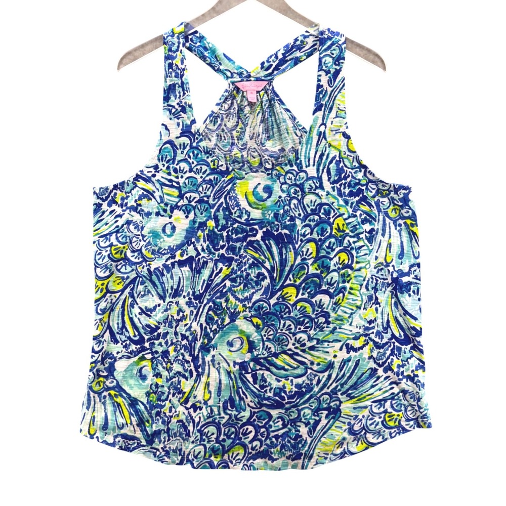 Lilly Pulitzer Tank Top XL Blue Green Fish Print Racerback 100% Cotton Vacation